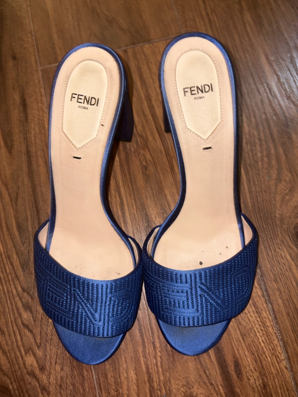 Fendi Blue Satin embroidered block heel mules
